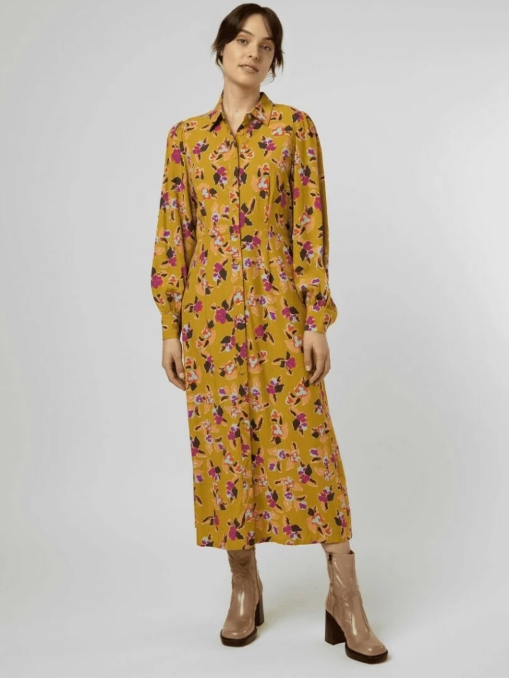FRNCH Paris Kamela Floral Button Front Midi Shirt Dress Long Sleeve Boho Chic L